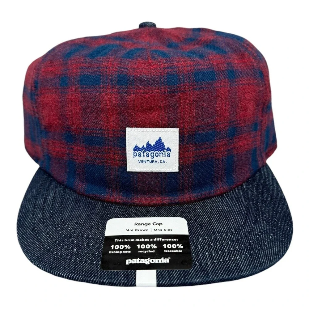 Patagonia Range Red Blue Plaid Flat Brim Unisex Adjustable‎ Hat NWT